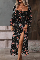 Floral print flounce sleeve midi dress with ruffled slit and tied detail