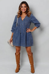 Tie neck long sleeve mini denim dress in 100% cotton with slight stretch and basic style