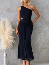 Black one-shoulder cutout bodycon maxi dress with asymmetrical slit and ruched detail