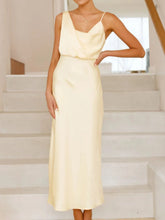 Satin asymmetrical midi dress in polyester with no stretch and machine washable features