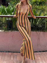 Contrast striped ribbed long sleeve maxi dress with slight stretch, 100% polyester, machine washable