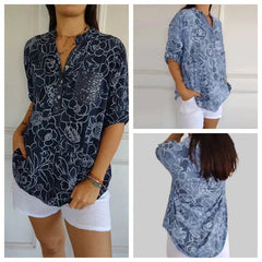 Breezy Floral V-Neck Top | Lightweight Polyester Blouse With Roll-Tab Sleeves