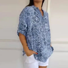 Breezy Floral V-Neck Top | Lightweight Polyester Blouse With Roll-Tab Sleeves