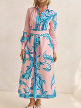 Printed button down belted shirt dress with cotton blend fabric and no stretch