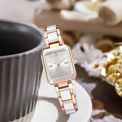 Rectangular Quartz Women's Watch | Rose Gold Two-Tone Accent, Adjustable Strap