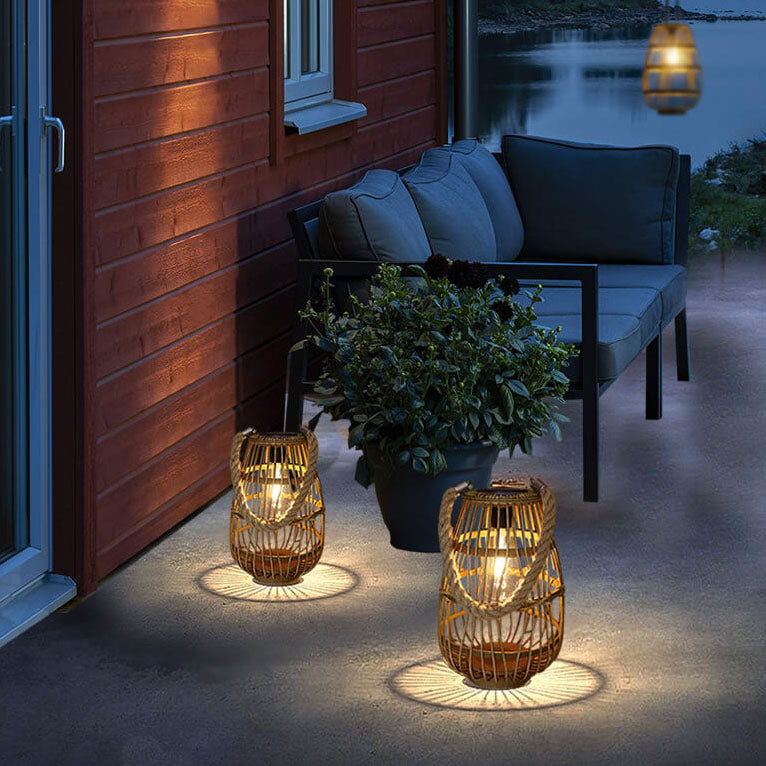 Contemporary Retro Hemp Rope Rattan Weaving Cage LED Solar Waterproof Standing Floor Lamp For Garden