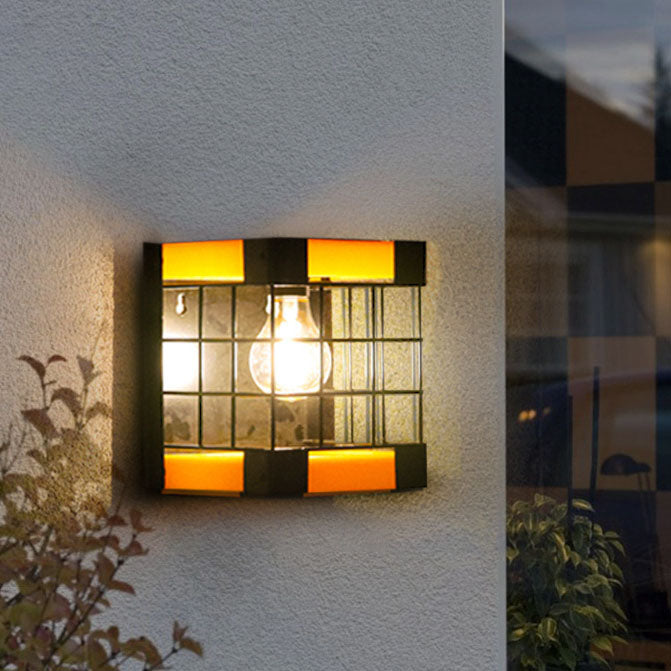 Lámpara de pared impermeable para exteriores con luz LED con control solar y forma de jaula cuadrada creativa 