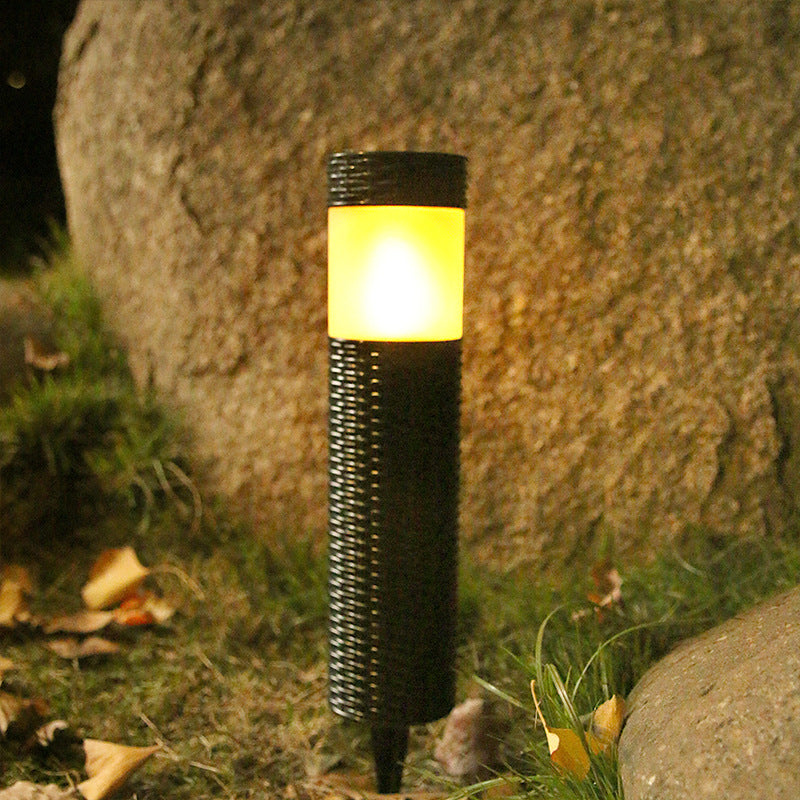 Foco LED cilíndrico de ratán solar para exteriores, para jardín, césped, suelo, paisaje 