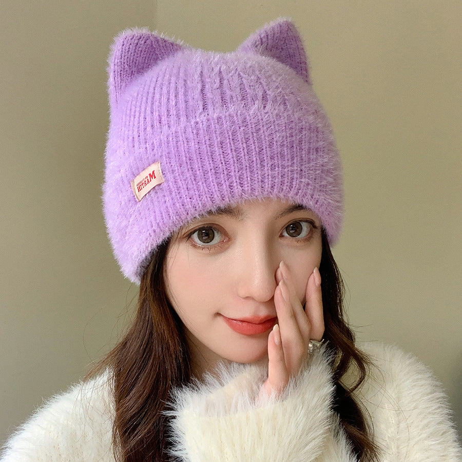 Lindo gorro de punto con orejas de gato de visón