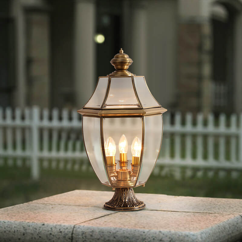 Farol de lujo europeo de cobre transparente con poste de vidrio de 1/3 de luz, resistente al agua, para patio y paisaje 