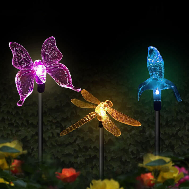 Lámpara LED solar para exteriores con forma de flor, mariposa y libélula para caminos de suelo 