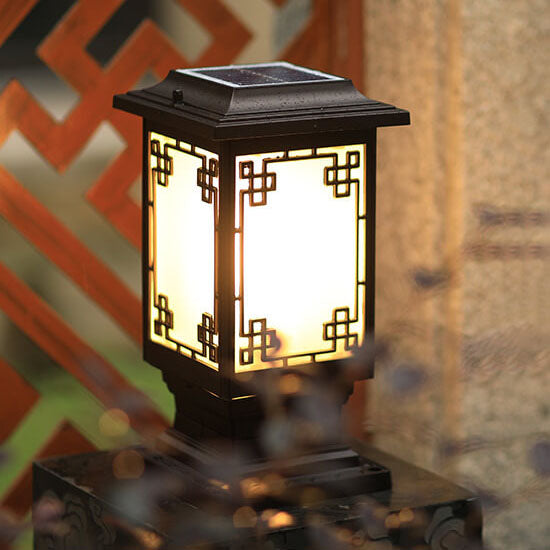 Solar Chinese Window Square Post Head 1-Light Waterproof Garden Landscape Light