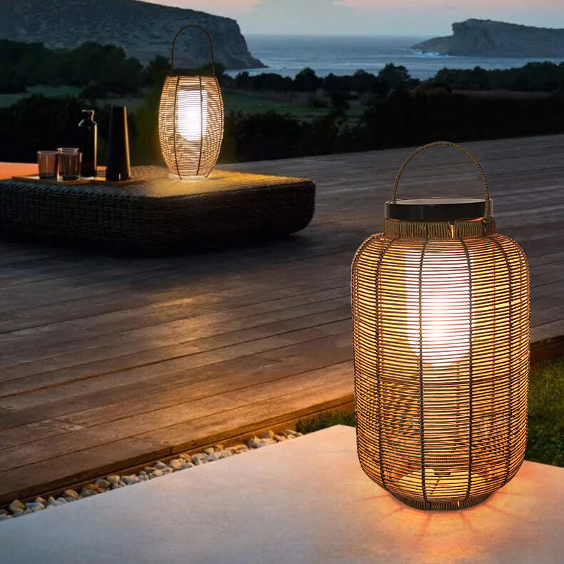 Lámpara LED de exterior con forma de ratán tejido en forma de frasco redondo, resistente al agua, para jardín 