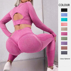 2 pièces costumes de sport à manches longues conception creuse hauts et fesses levage taille haute sans couture fitness leggings sport gym vêtements de sport tenues vêtements