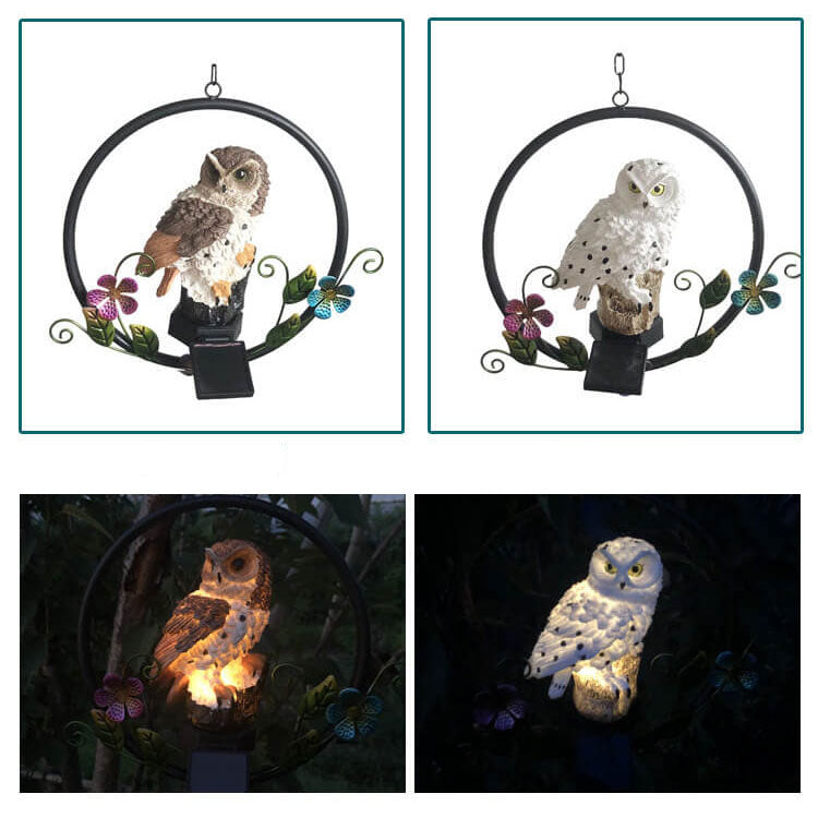 Lámpara colgante LED decorativa para patio exterior con diseño de búho de resina, estilo retro europeo y creativo, con energía solar 