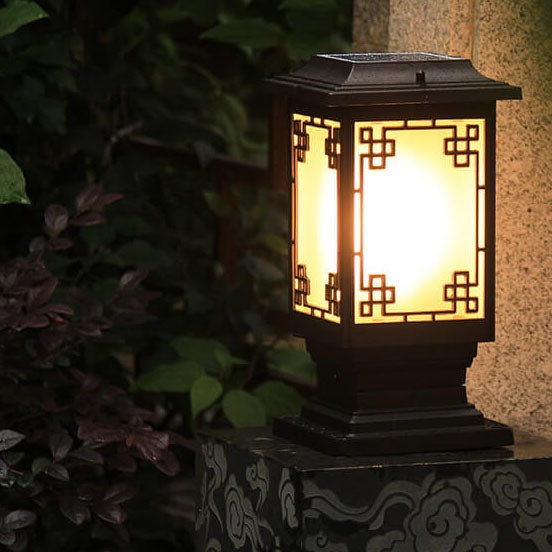 Solar Chinese Window Square Post Head 1-Light Waterproof Garden Landscape Light