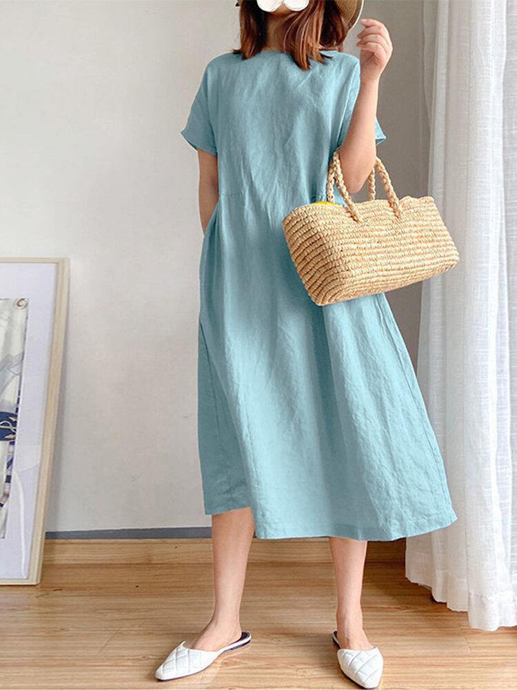 Robe mi-longue plissée unie 100 % coton avec poches latérales 