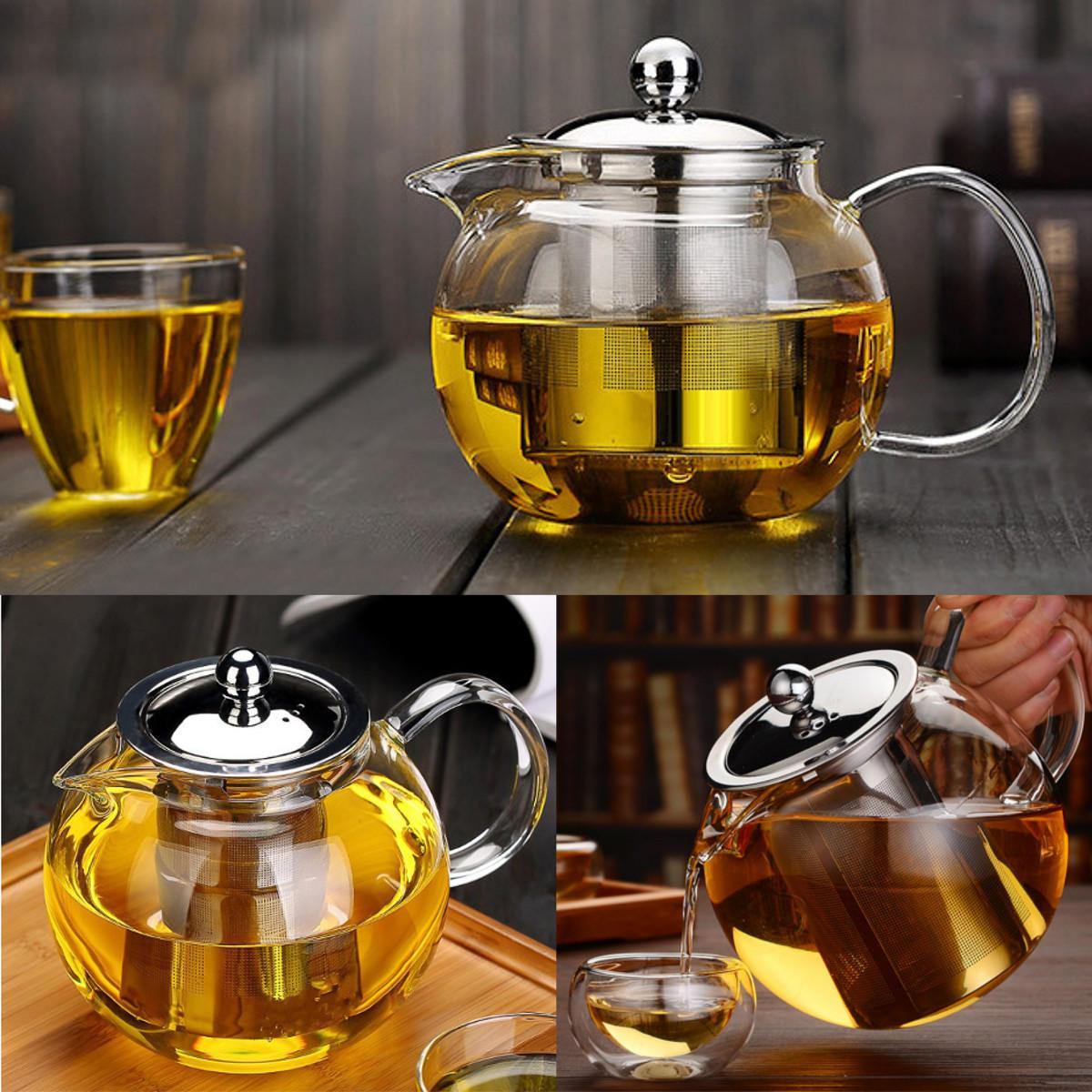 600/950/1300ml Clear Stainless Steel Heat Resistant Glass Teapot Infuser Tea Pot