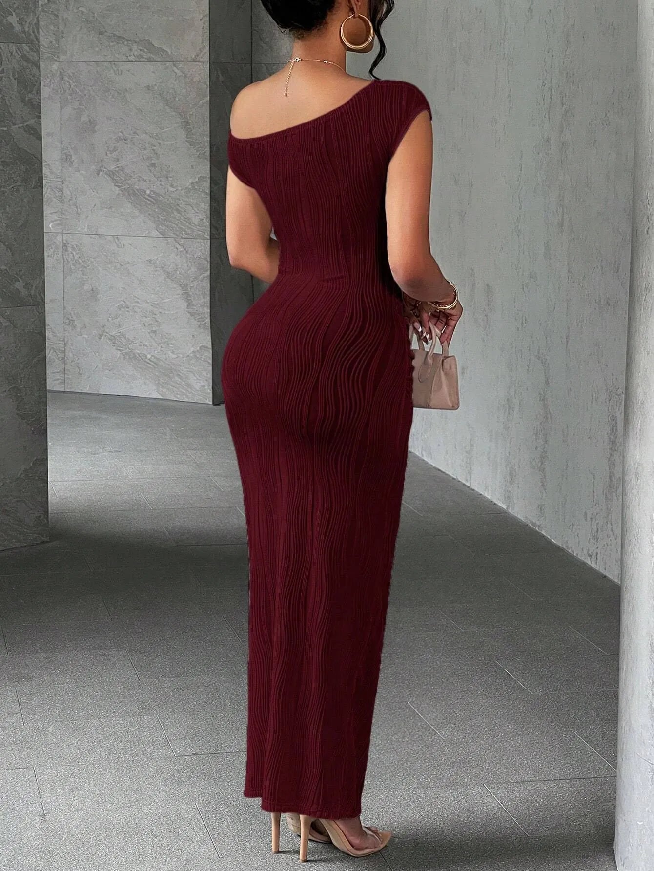 Asymmetrical One Shoulder Bodycon Maxi Dress in burgundy, showcasing a fitted design and stylish back view.