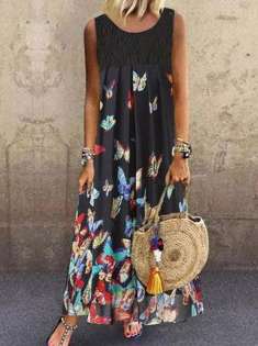 Fashion butterfly print dress ladies long skirt