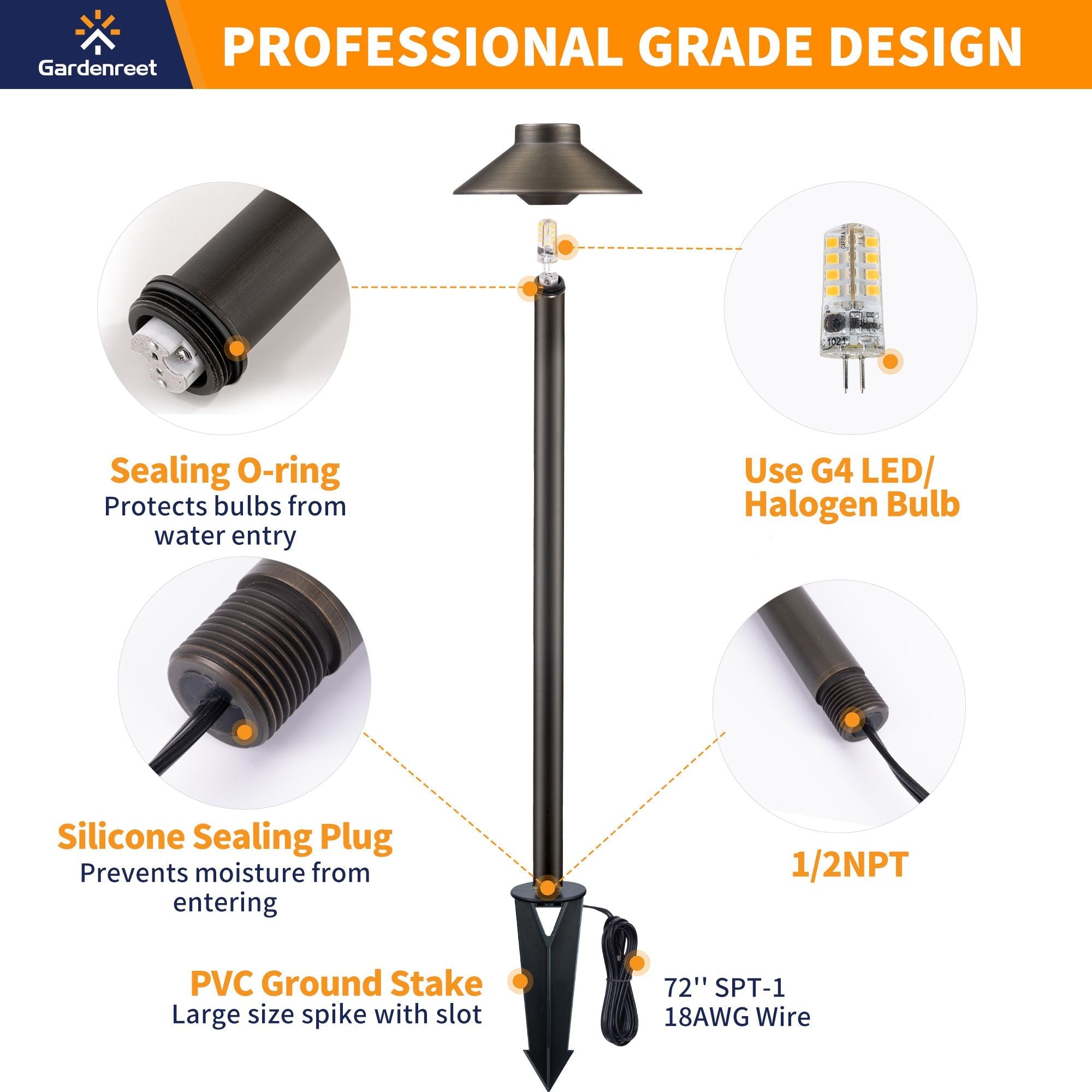 Gardenreet Lampe de chemin de paysage basse tension en laiton massif, éclairage d'accentuation extérieur à LED et éclairage de zone (chapeau)