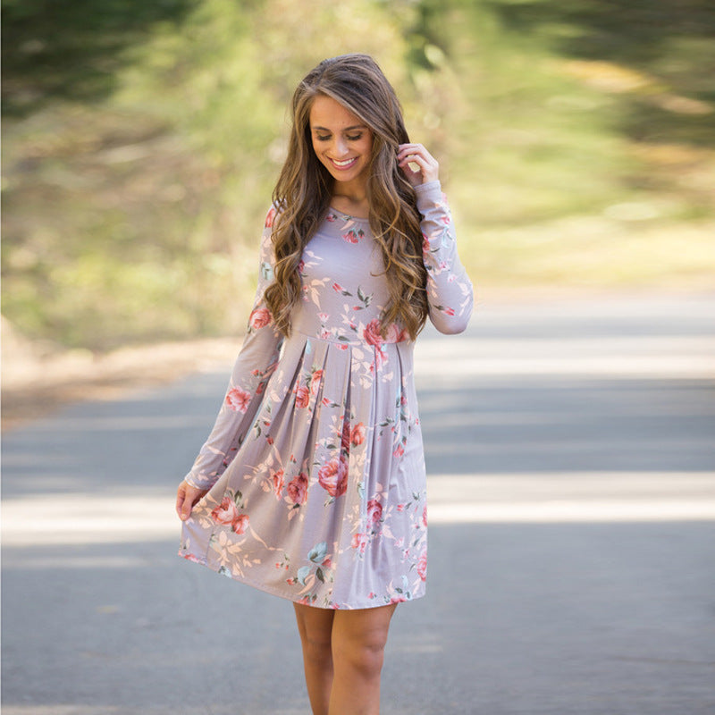 Robes florales élégantes pour femmes A-line à manches longues taille haute col rond