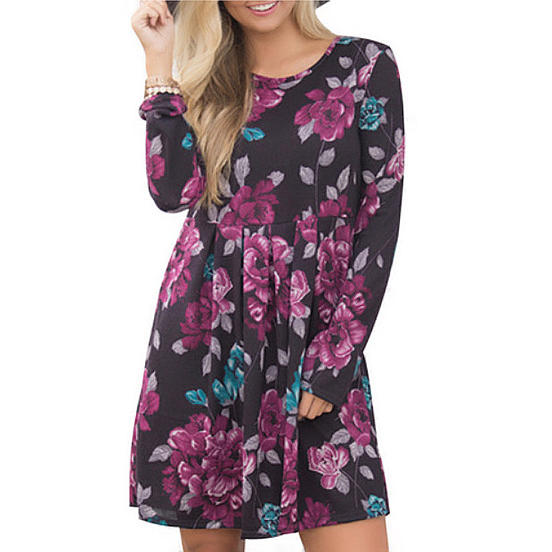 Robes florales élégantes pour femmes A-line à manches longues taille haute col rond