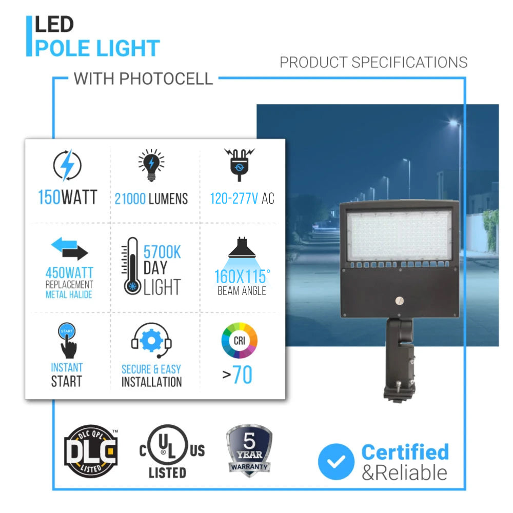 Poste de luz LED de 150 W con fotocélula de anochecer a amanecer, 5700 K, 21 000 LM, montaje universal, bronce, CA 120-277 V, resistente al agua IP65, luces de estacionamiento, luminaria de seguridad para calles para exteriores