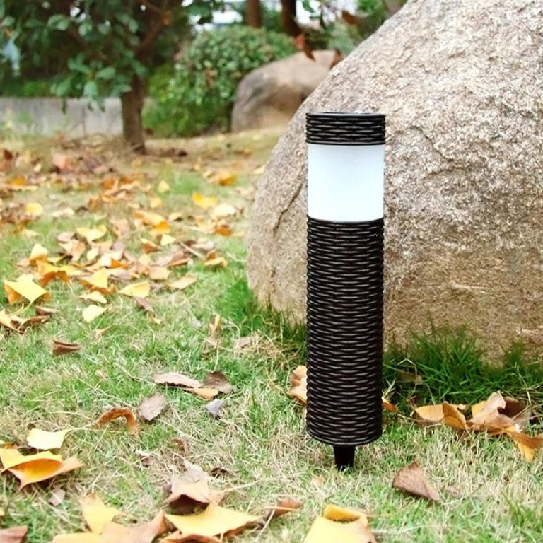 Foco LED cilíndrico de ratán solar para exteriores, para jardín, césped, suelo, paisaje 