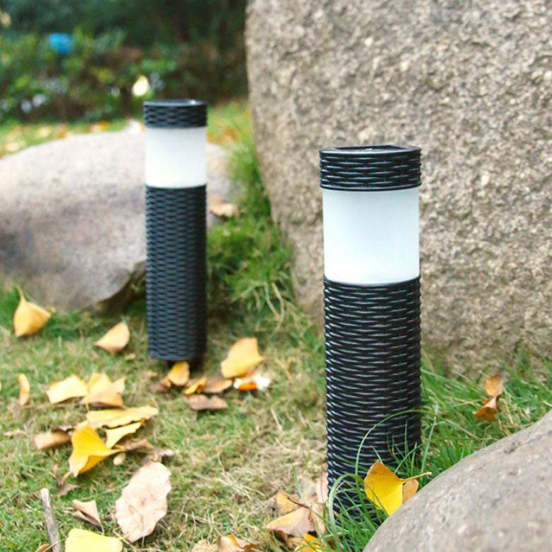 Foco LED cilíndrico de ratán solar para exteriores, para jardín, césped, suelo, paisaje 