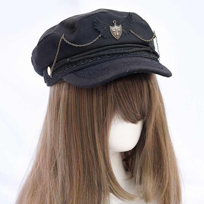 Bérets d'automne et d'hiver Printemps Nouvelle Armée Lolita Lolita Design Minorité Simple Chapeau Noir Femme Printemps