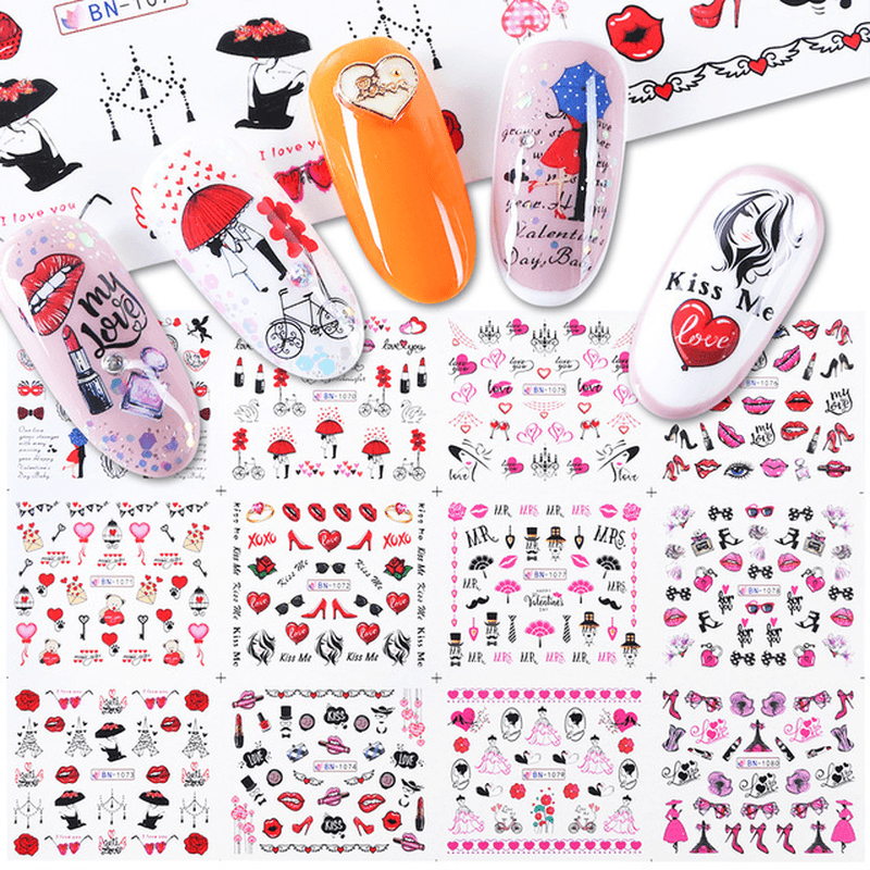 Lot de 12 autocollants pour nail art, lettres d'amour, fleurs, décoration d'ongles, autocollants de transfert pour la Saint-Valentin