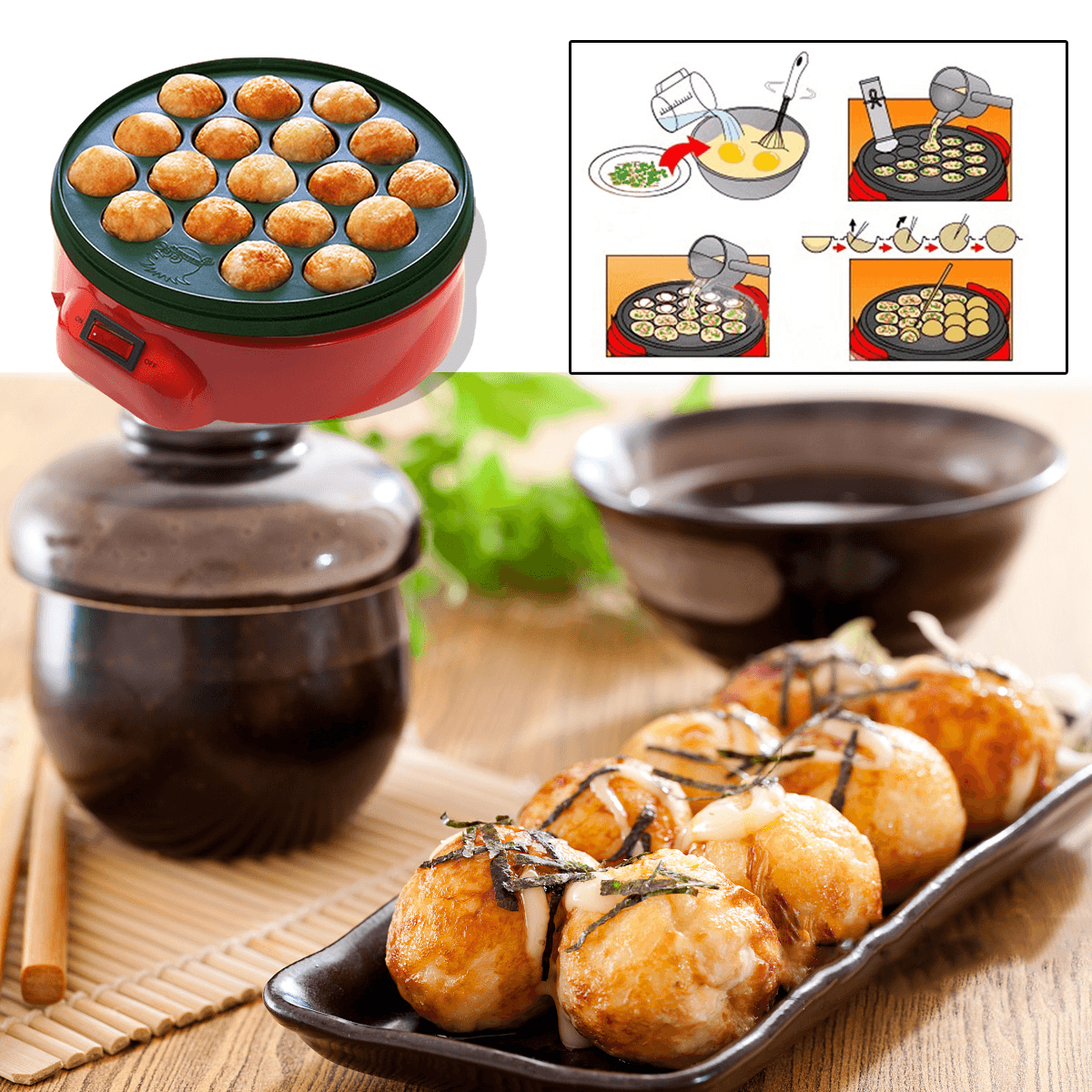 Parrilla para takoyaki de 18 agujeros, placa de cocción, máquina de cocina con forma de pulpo, 650 W, 220 V