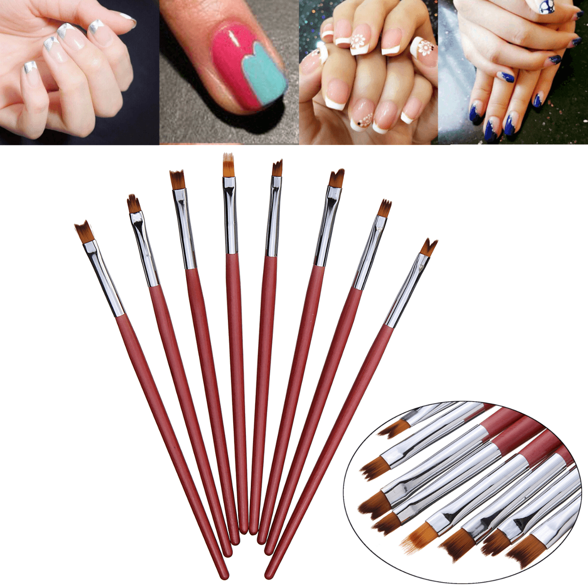 Lot de 8 pinceaux de dessin pour nail art français 3D en acrylique, gel UV, stylo de manucure