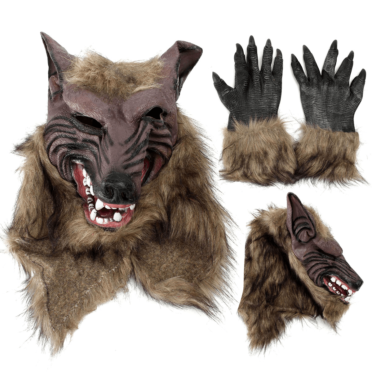 1/2PC Máscara de látex de goma con cabeza de lobo y guantes de hombre lobo para fiesta de Halloween, cosplay aterrador