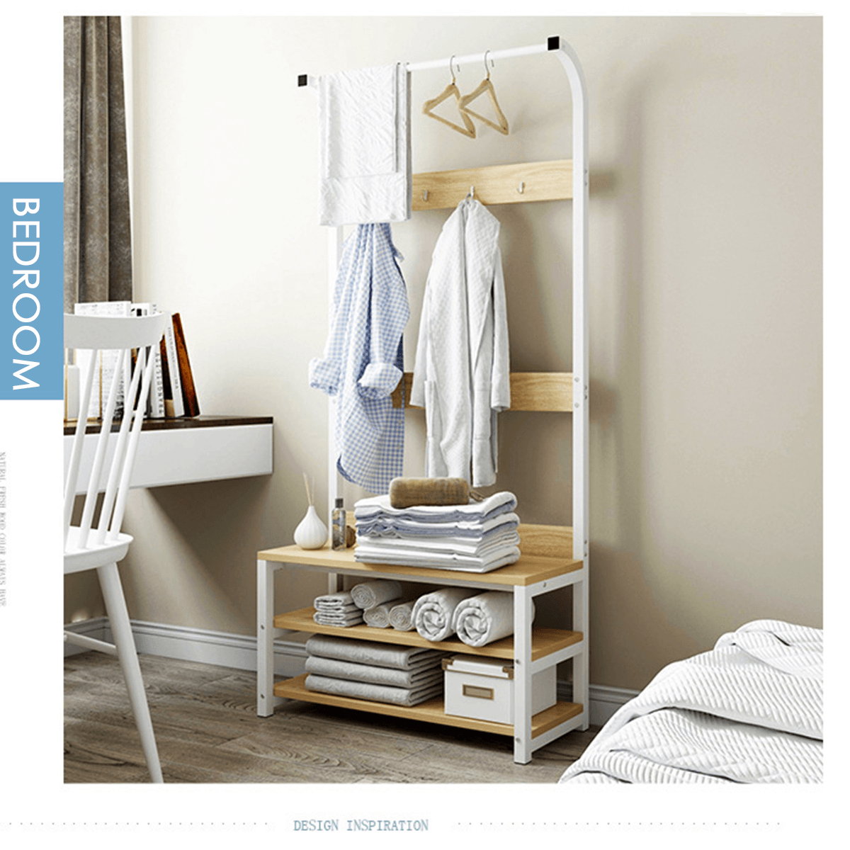 Porte-manteaux Porte-manteaux sur pied Porte-chaussures en bois massif et fer Porte-manteaux d'entrée Porte-vêtements Chambre Salon Vêtements Chapeau Écharpe Support Support de rangement multifonctionnel