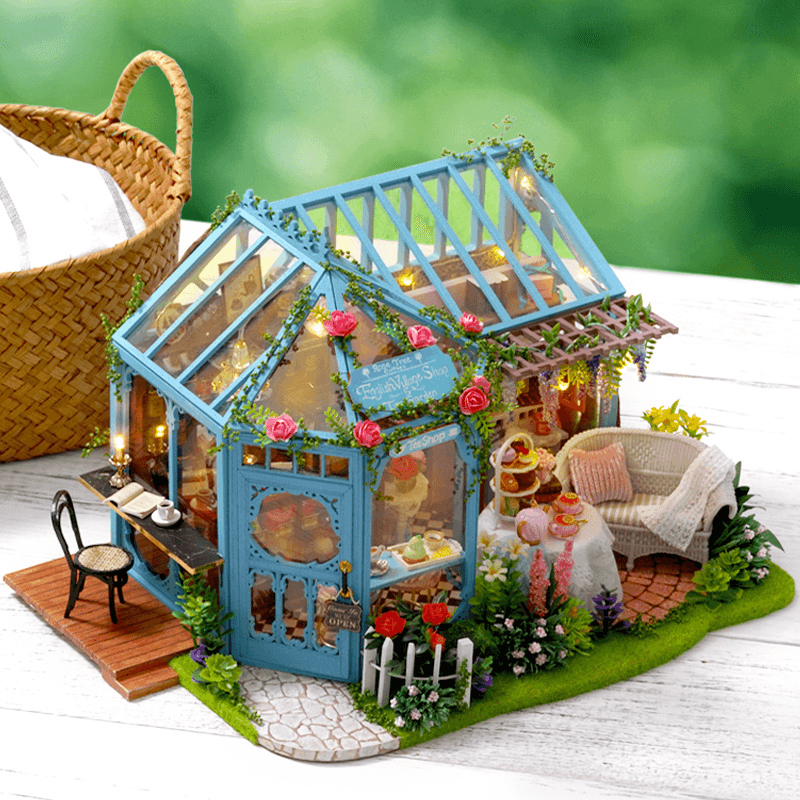 Cuteroom A068 DIY Cabin Rose Garden Tea House Handmade Doll House Model with Dust Cover Music Motor