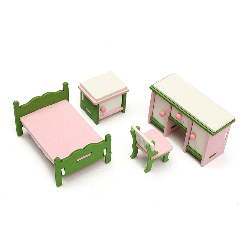 Kit de dormitorio en miniatura para casa de muñecas, juego de muebles de madera, juguete de juego de rol para familias