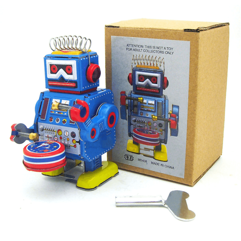 Clásico robot de cuerda vintage con mecanismo de relojería para niños, juguete de hojalata con llave