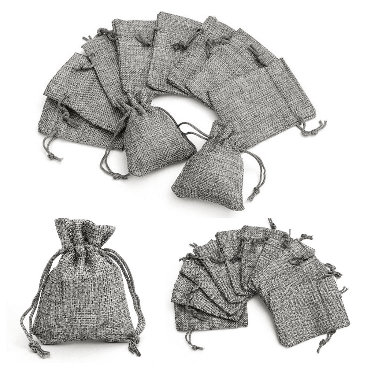 Lot de 10 sacs en toile de jute grise avec cordon de serrage, petit cadeau de mariage