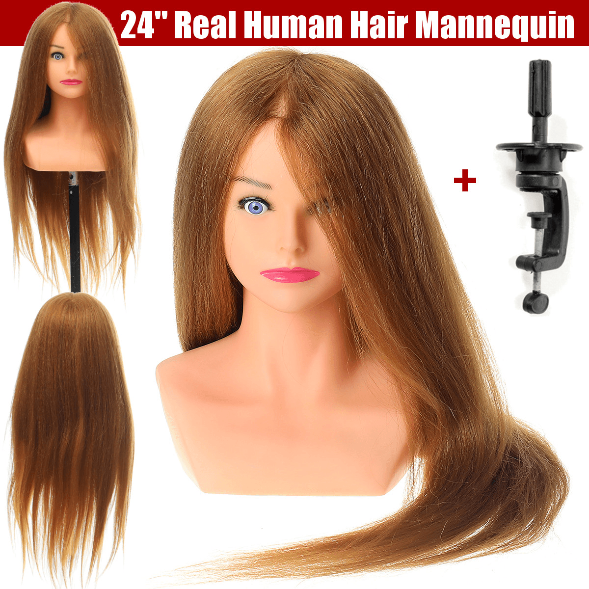 Tête de mannequin 24 pouces 100 % cheveux humains véritables pour formation à la coiffure, extensions de cheveux