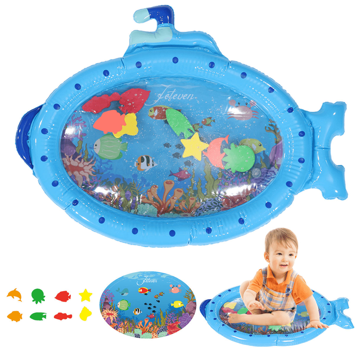 Alfombra de juego con rociador azul con patrón de submarino de dibujos animados para niños, relleno divertido, cojín de agua, juguetes para bebés, juego de verano