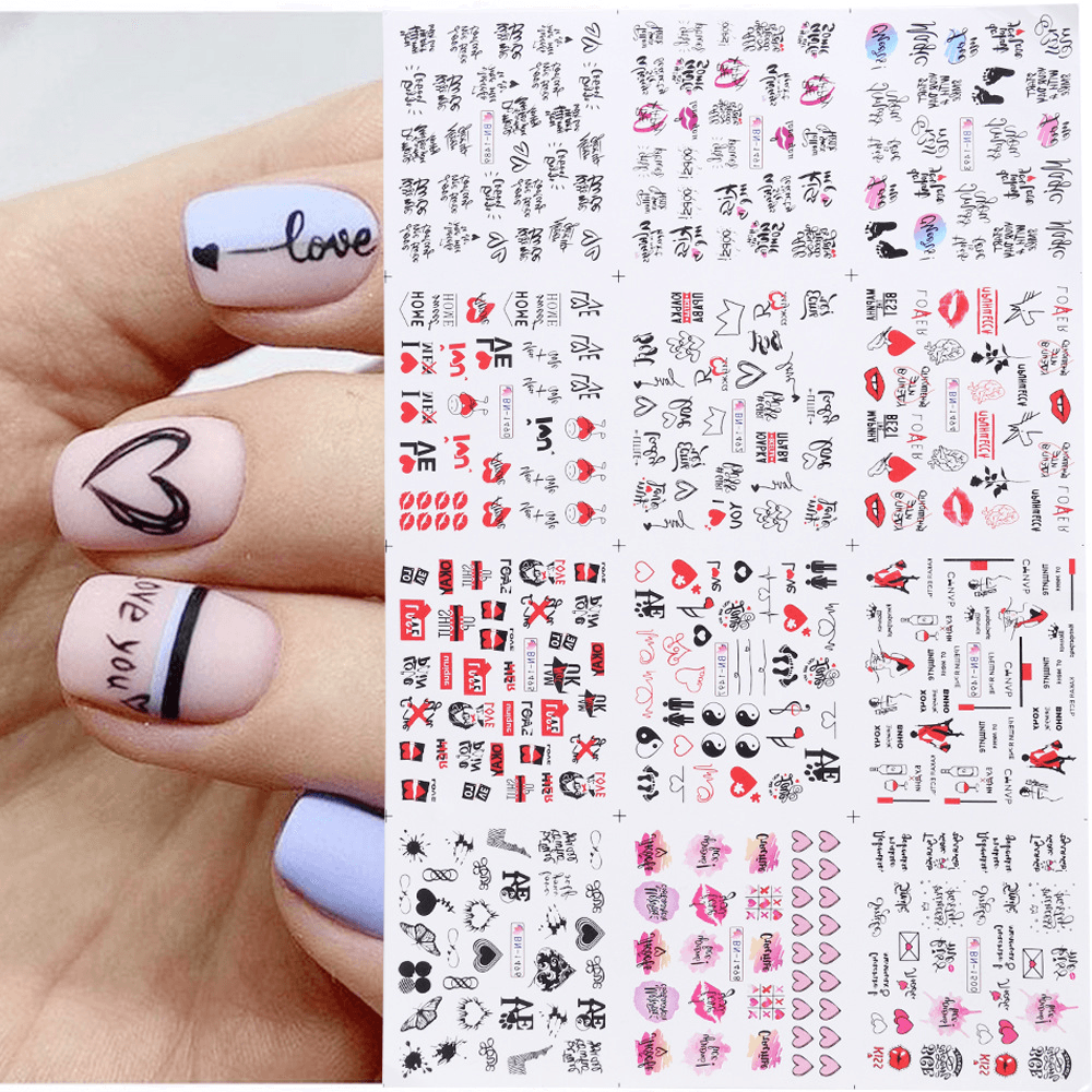 Lot de 12 autocollants pour nail art, lettres d'amour, fleurs, décoration d'ongles, autocollants de transfert pour la Saint-Valentin