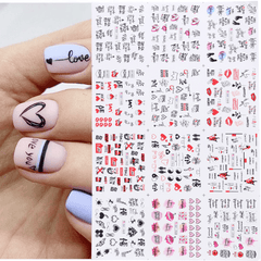 Lot de 12 autocollants pour nail art, lettres d'amour, fleurs, décoration d'ongles, autocollants de transfert pour la Saint-Valentin