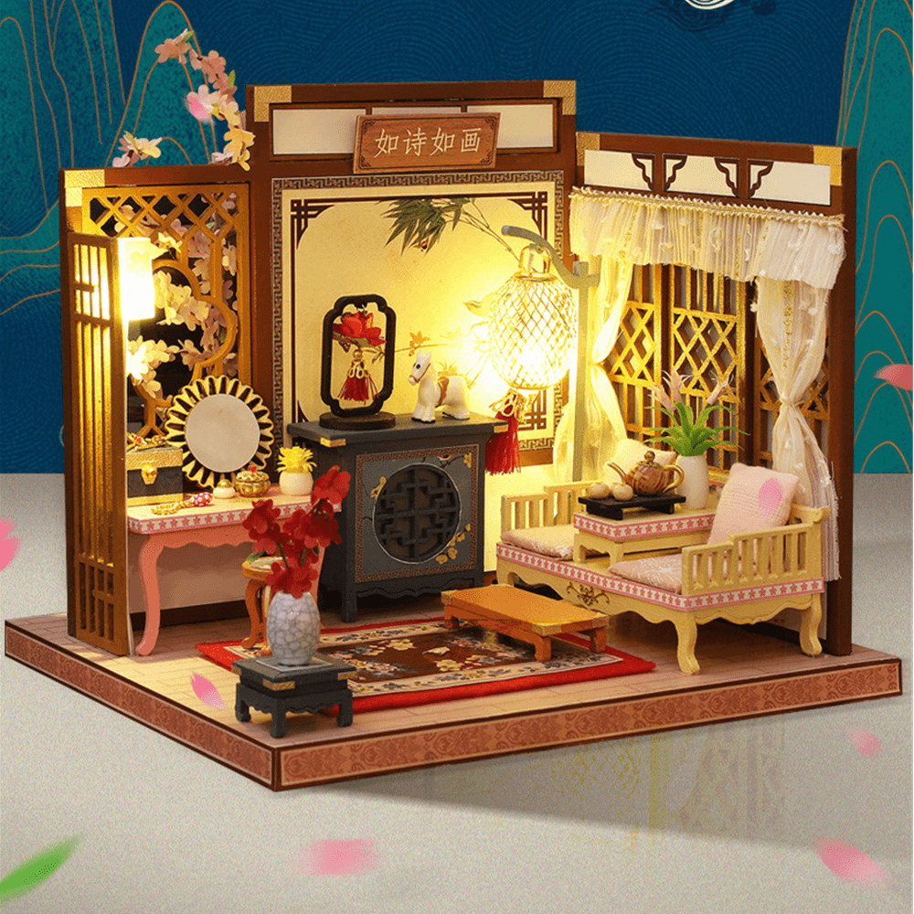 DIY Creative Chinese Style Retro Architectural Model Wooden Doll House Miniature Landscape Home Creative Gifts with Dust Cover and Furniture