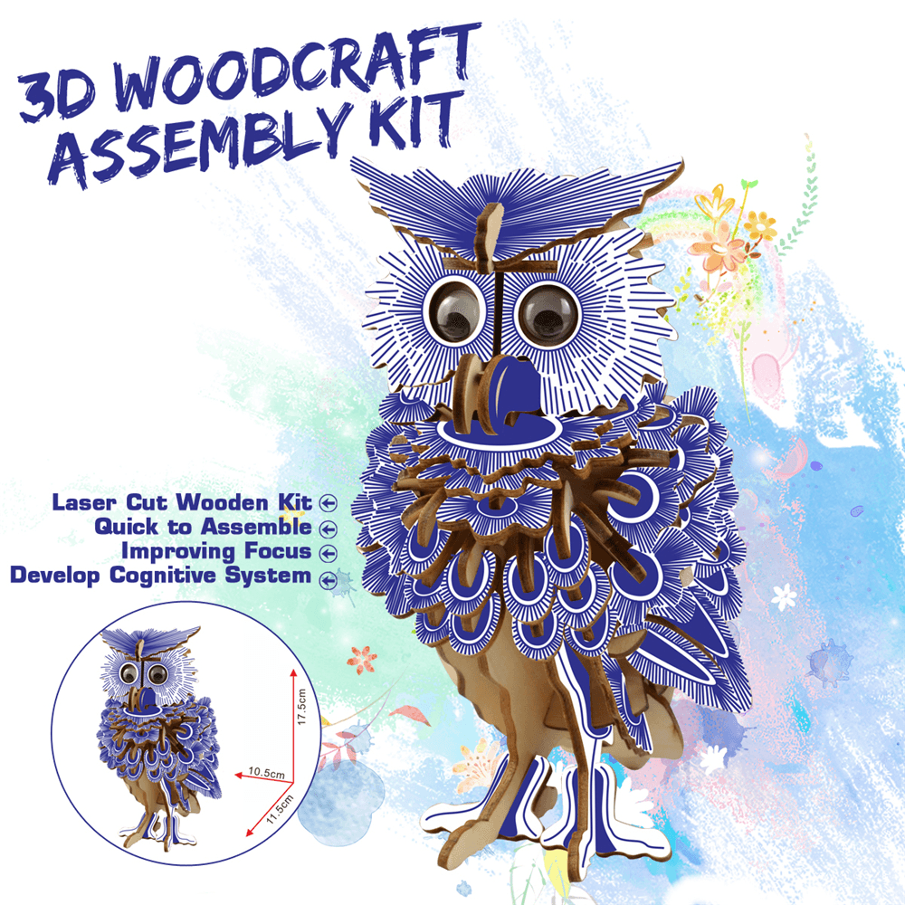 3D Woodcraft Assembly Kit Blue Owl with Eyes for Children Toys