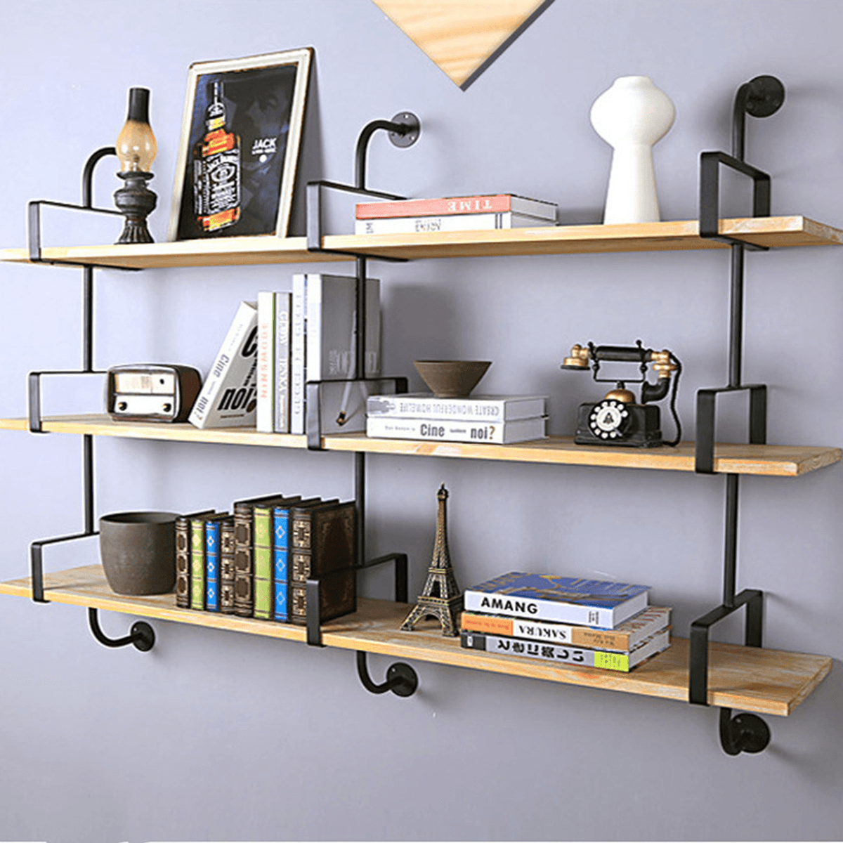 Estantería de pared de 2 piezas, estilo industrial retro, soporte para estantes de almacenamiento, 3 capas, de hierro, para decoración del hogar, cocina, habitaciones de niños