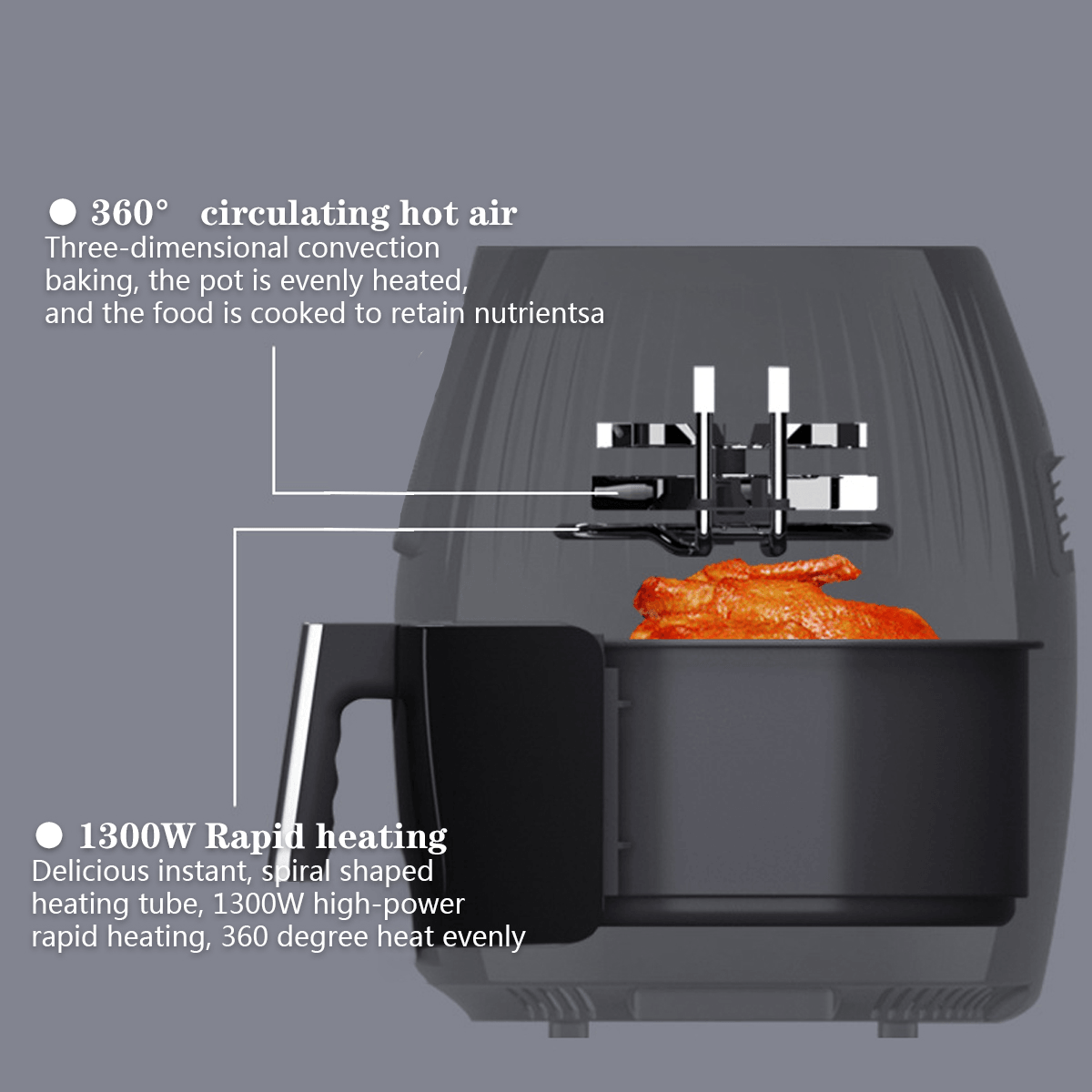 Friteuse à air chaud électrique 1300 W, four sans huile, grande capacité de 5,5 L, écran tactile, cycle de chauffage à 360 °, avec revêtement antiadhésif