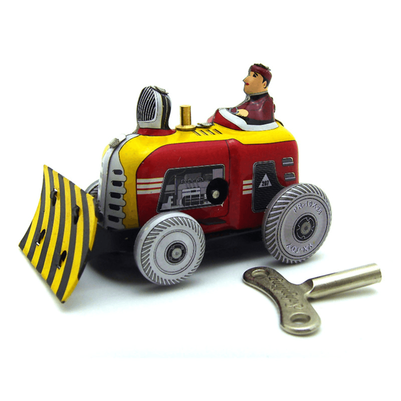 Bulldozer clásico vintage con mecanismo de relojería, nostálgico, de cuerda, para niños, juguetes de hojalata con llave