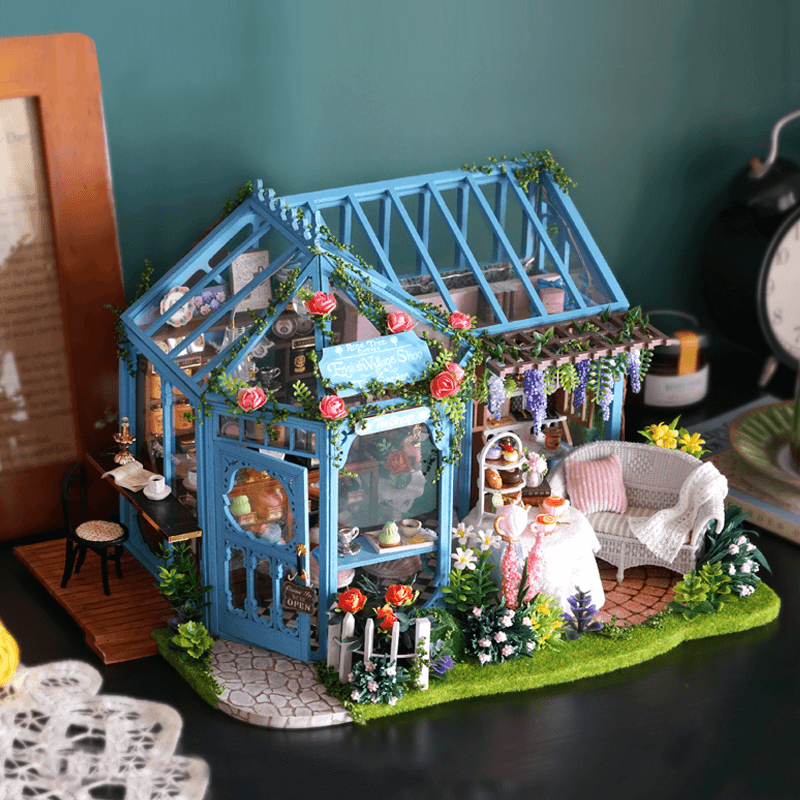 Cuteroom A068 DIY Cabin Rose Garden Tea House Handmade Doll House Model with Dust Cover Music Motor